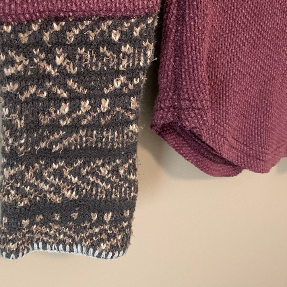 Free People Maroon Henley Waffle Knit Top with Gray Marled Cuffs - Picture 4 of 6